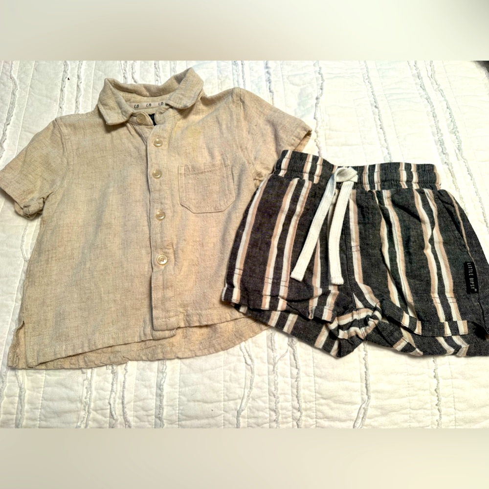 Little Bipsy linen sand button down shirt and charcoal stripe linen shorts